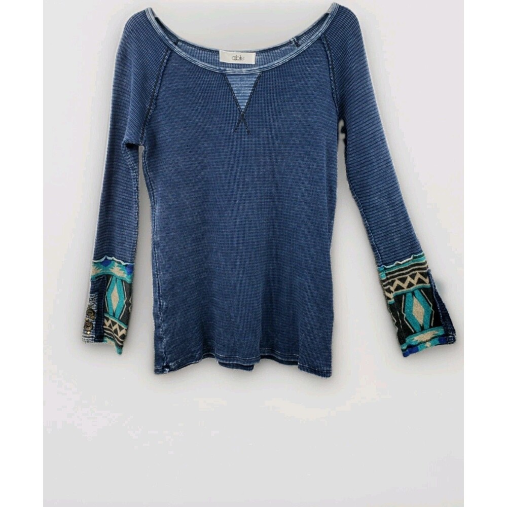 Able Contrast Tribal Cuff Long Sleeve Waffle Top Sz S Blue Mineral Wash Thermal